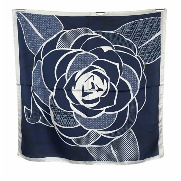 ⭐Silky Navy Blue Camellia Scarf Large Floral Print Chic Luxury Accessory hijab - Picture 3 of 4